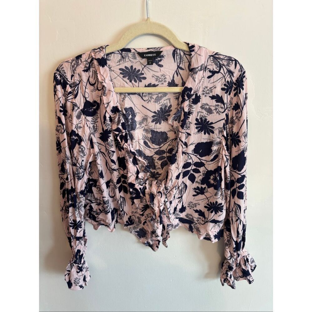 Express Floral Tie-Front Cardigan Medium Pink Blue Lightweight Long Sleeve